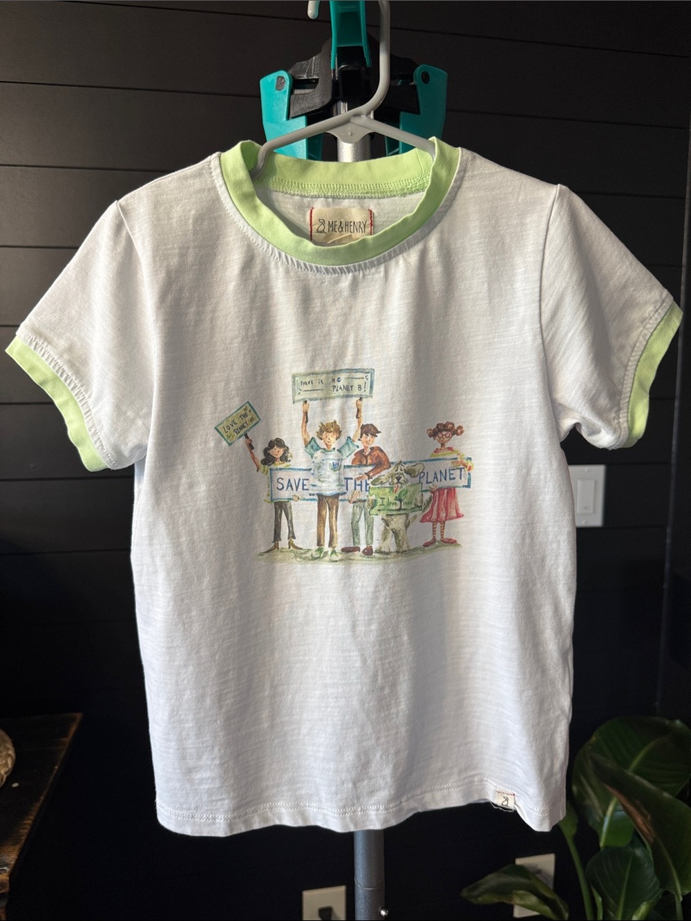 Kids' White Tee with Light Green Trim by Me & Henry – Save the Planet Graphic